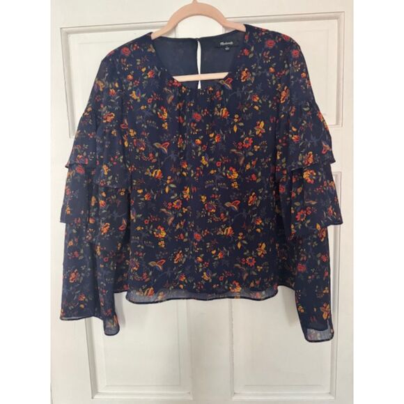 Madewell Climbing Vine Tiered Ruffle Sleeve top, Navy, Large - Picture 2 of 8